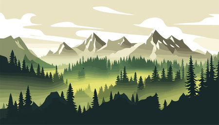 Mountain forests with autumn pines, forest clearing with grassy patches and dreamy cloud cover, beautiful vastのイラスト素材