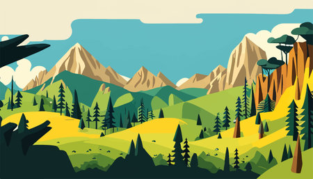 Mountain forests with autumn pines, forest clearing with grassy patches and dreamy cloud cover, beautiful vastのイラスト素材