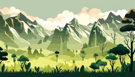 Mountain forests with autumn pines, forest clearing with grassy patches and dreamy cloud cover, beautiful vastのイラスト素材