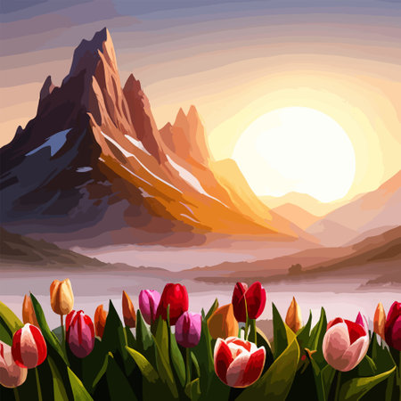 Spring landscape field tulips against backdrop mountains. Huge field colorful tulips, sky with clouds and sunset with sunbeams.のイラスト素材