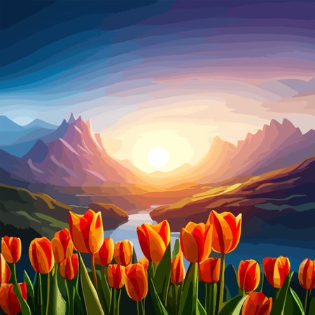 Spring landscape field tulips against backdrop mountains. Huge field colorful tulips, sky with clouds and sunset with sunbeams.のイラスト素材