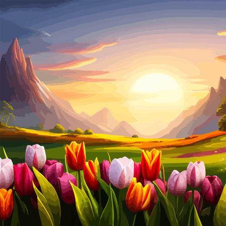 Spring landscape field tulips against backdrop mountains. Huge field colorful tulips, sky with clouds and sunset with sunbeams.のイラスト素材