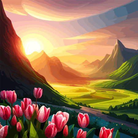 Spring landscape field tulips against backdrop mountains. Huge field colorful tulips, sky with clouds and sunset with sunbeams.のイラスト素材