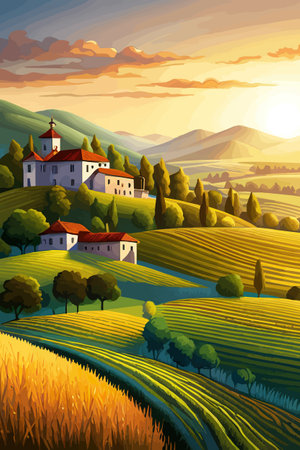 Italy landscape with houses, fields, and trees in the background. Vector illustration. Flat design poster. Europeanのイラスト素材