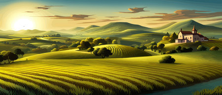 Italy landscape with houses, fields, and trees in the background. Vector illustration. Flat design poster. Europeanのイラスト素材