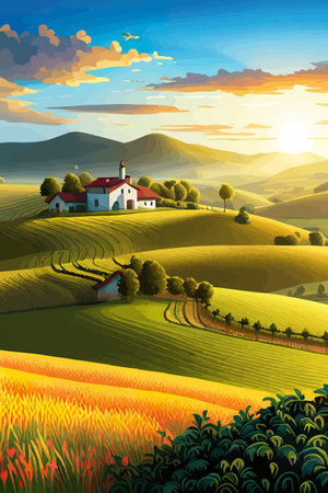 Italy landscape with houses, fields, and trees in the background. Vector illustration. Flat design poster. Europeanのイラスト素材