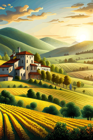 Italy landscape with houses, fields, and trees in the background. Vector illustration. Flat design poster. Europeanのイラスト素材