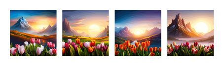 Spring landscape field tulips against backdrop mountains. Huge field colorful tulips, sky with clouds and sunset with sunbeams.のイラスト素材