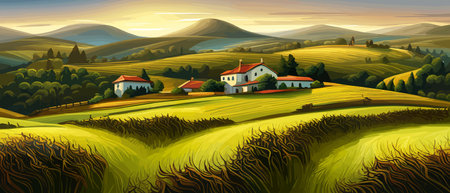 Italy landscape with houses, fields, and trees in the background. Vector illustration. Flat design poster. Europeanのイラスト素材