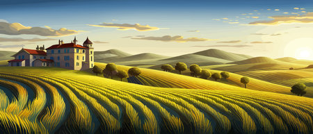 Italy landscape with houses, fields, and trees in the background. Vector illustration. Flat design poster. Europeanのイラスト素材