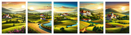 Italy landscape with houses, fields, and trees in the background. Vector illustration. Flat design poster. Europeanの写真素材
