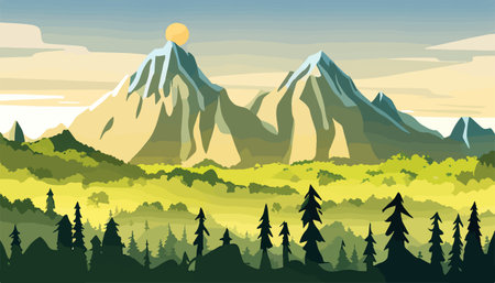 Mountain forests with autumn pines, forest clearing with grassy patches and dreamy cloud cover, beautiful vastのイラスト素材