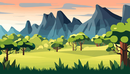 Mountain forests with autumn pines, forest clearing with grassy patches and dreamy cloud cover, beautiful vastのイラスト素材