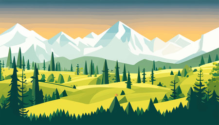Mountain forests with autumn pines, forest clearing with grassy patches and dreamy cloud cover, beautiful vastのイラスト素材