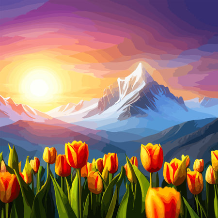 Spring landscape field tulips against backdrop mountains. Huge field colorful tulips, sky with clouds and sunset with sunbeams.の素材