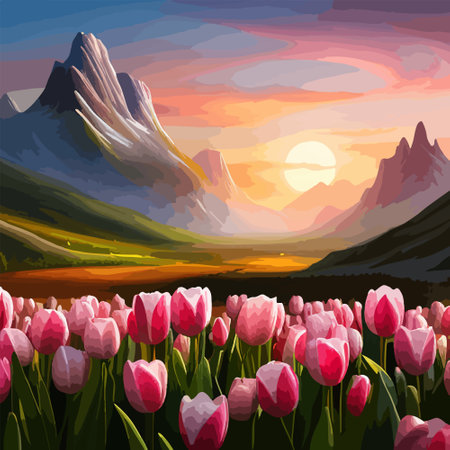 Spring landscape field tulips against backdrop mountains. Huge field colorful tulips, sky with clouds and sunset with sunbeams.のイラスト素材