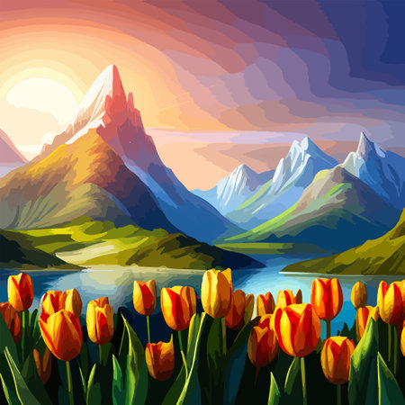 Spring landscape field tulips against backdrop mountains. Huge field colorful tulips, sky with clouds and sunset with sunbeams.のイラスト素材