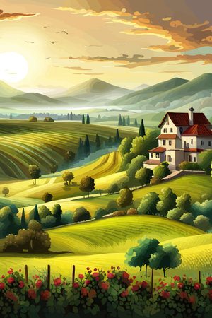 Italy landscape with houses, fields, and trees in the background. Vector illustration. Flat design poster. Europeanのイラスト素材