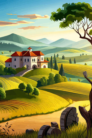 Italy landscape with houses, fields, and trees in the background. Vector illustration. Flat design poster. Europeanのイラスト素材