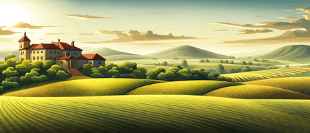 Italy landscape with houses, fields, and trees in the background. Vector illustration. Flat design poster. Europeanのイラスト素材