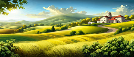 Italy landscape with houses, fields, and trees in the background. Vector illustration. Flat design poster. Europeanのイラスト素材