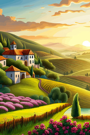 Italy landscape with houses, fields, and trees in the background. Vector illustration. Flat design poster. Europeanのイラスト素材