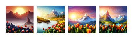 Spring landscape field tulips against backdrop mountains. Huge field colorful tulips, sky with clouds and sunset with sunbeams.のイラスト素材