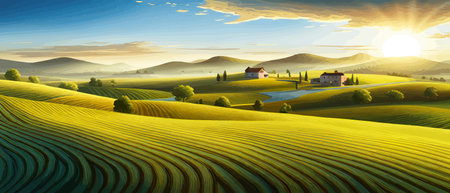 Italy landscape with houses, fields, and trees in the background. Vector illustration. Flat design poster. Europeanのイラスト素材