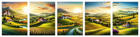 Italy landscape with houses, fields, and trees in the background. Vector illustration. Flat design poster. Europeanの写真素材