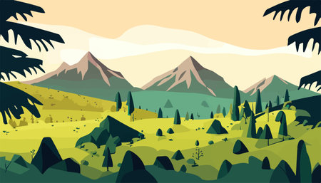 Mountain forests with autumn pines, forest clearing with grassy patches and dreamy cloud cover, beautiful vastのイラスト素材