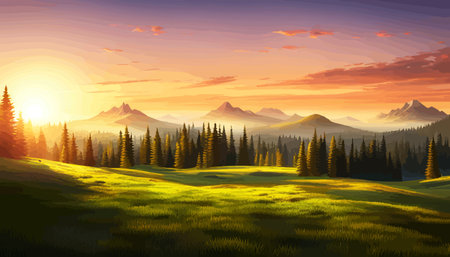 Landscape of mountains and green hills. Summer nature landscape with rocks, forest, grass, sun, sky and clouds.のイラスト素材