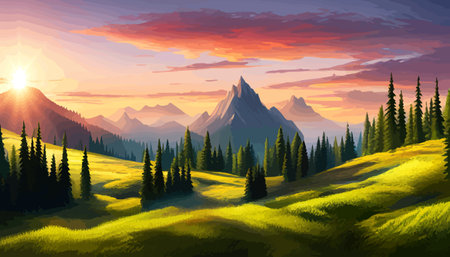 Landscape of mountains and green hills. Summer nature landscape with rocks, forest, grass, sun, sky and clouds.のイラスト素材