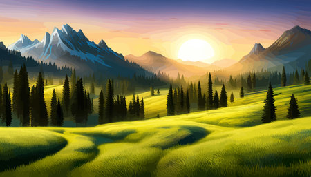 Landscape of mountains and green hills. Summer nature landscape with rocks, forest, grass, sun, sky and clouds.のイラスト素材