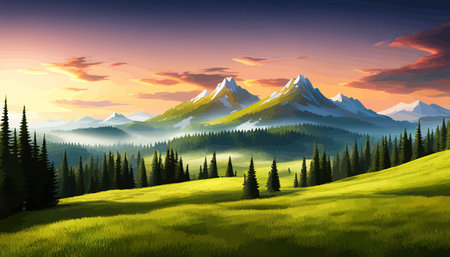 Landscape of mountains and green hills. Summer nature landscape with rocks, forest, grass, sun, sky and clouds.のイラスト素材
