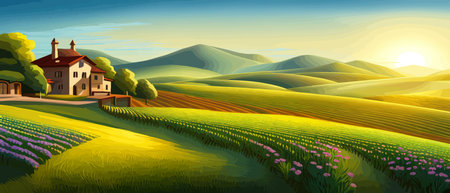 Italy landscape with houses, fields, and trees in the background. Vector illustration. Flat design poster. Europeanのイラスト素材