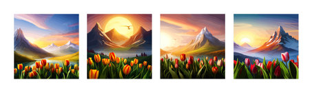 Spring landscape field tulips against backdrop mountains. Huge field colorful tulips, sky with clouds and sunset with sunbeams.のイラスト素材