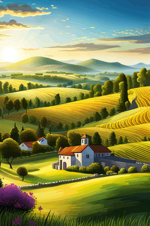 Italy landscape with houses, fields, and trees in the background. Vector illustration. Flat design poster. Europeanのイラスト素材