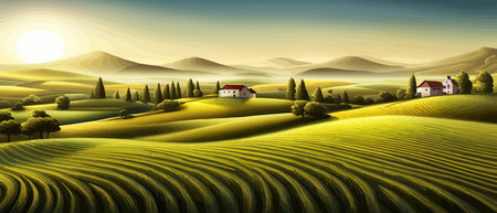 Italy landscape with houses, fields, and trees in the background. Vector illustration. Flat design poster. Europeanのイラスト素材