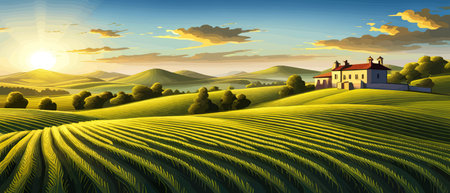Italy landscape with houses, fields, and trees in the background. Vector illustration. Flat design poster. Europeanのイラスト素材
