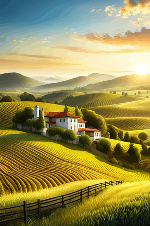 Italy landscape with houses, fields, and trees in the background. Vector illustration. Flat design poster. Europeanのイラスト素材