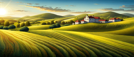 Italy landscape with houses, fields, and trees in the background. Vector illustration. Flat design poster. Europeanのイラスト素材