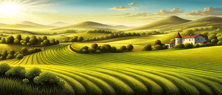 Italy landscape with houses, fields, and trees in the background. Vector illustration. Flat design poster. Europeanのイラスト素材