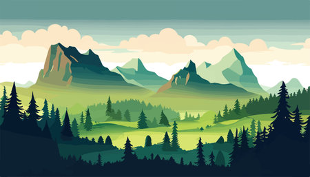 Mountain forests with autumn pines, forest clearing with grassy patches and dreamy cloud cover, beautiful vastのイラスト素材