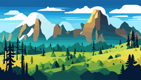 Mountain forests with autumn pines, forest clearing with grassy patches and dreamy cloud cover, beautiful vastのイラスト素材