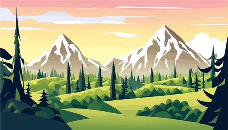 Mountain forests with autumn pines, forest clearing with grassy patches and dreamy cloud cover, beautiful vastのイラスト素材
