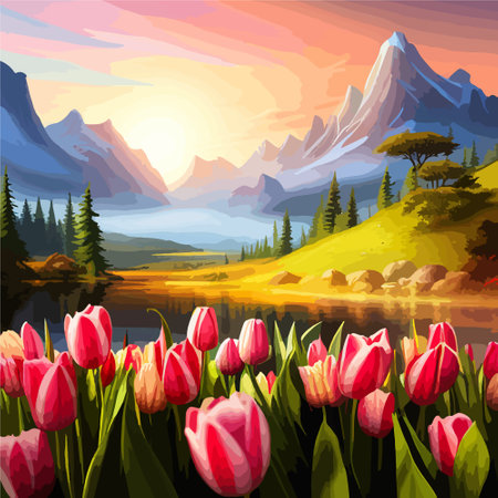 Spring landscape field tulips against backdrop mountains. Huge field colorful tulips, sky with clouds and sunset with sunbeams.のイラスト素材