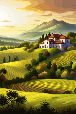 Italy landscape with houses, fields, and trees in the background. Vector illustration. Flat design poster. Europeanのイラスト素材