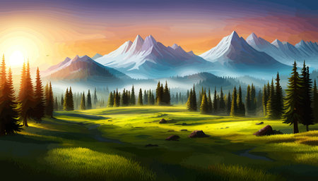 Landscape of mountains and green hills. Summer nature landscape with rocks, forest, grass, sun, sky and clouds.のイラスト素材
