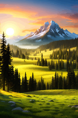 Landscape of mountains and green hills. Summer nature landscape with rocks, forest, grass, sun, sky and clouds.のイラスト素材