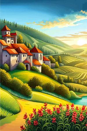 Italy landscape with houses, fields, and trees in the background. Vector illustration. Flat design poster. Europeanのイラスト素材